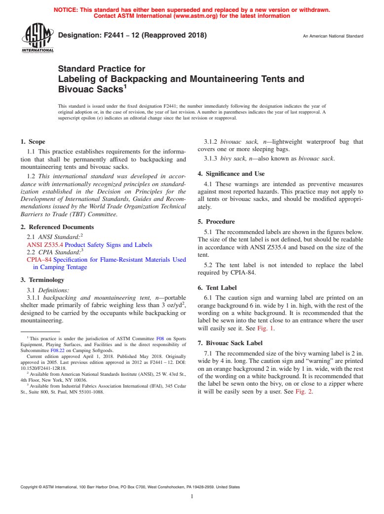 ASTM F2441-12(2018) - Standard Practice for  Labeling of Backpacking and Mountaineering Tents and Bivouac  Sacks