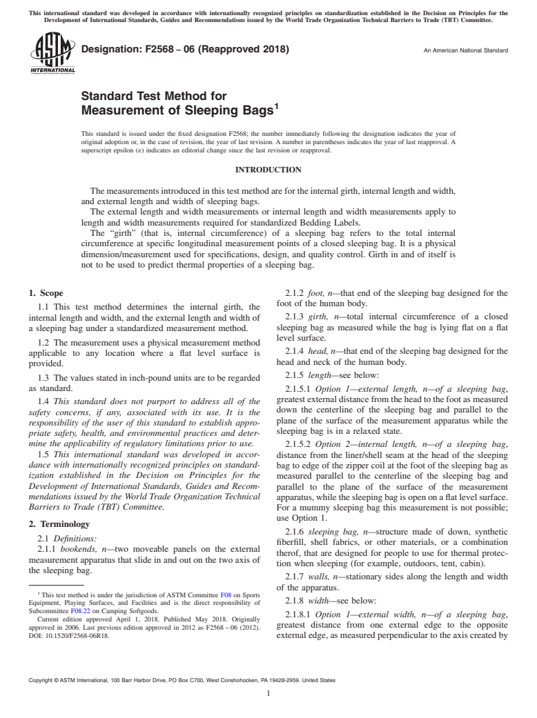 ASTM F2568-06(2018) - Standard Test Method for  Measurement of Sleeping Bags