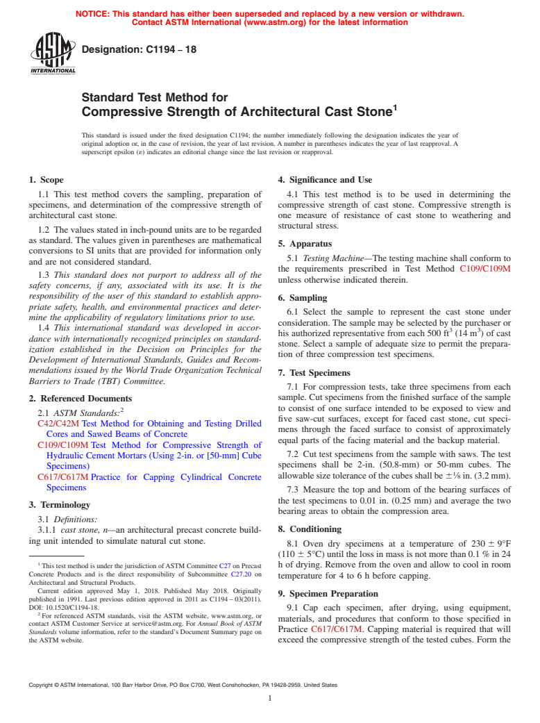 ASTM C1194-18 - Standard Test Method for Compressive Strength of Architectural Cast Stone