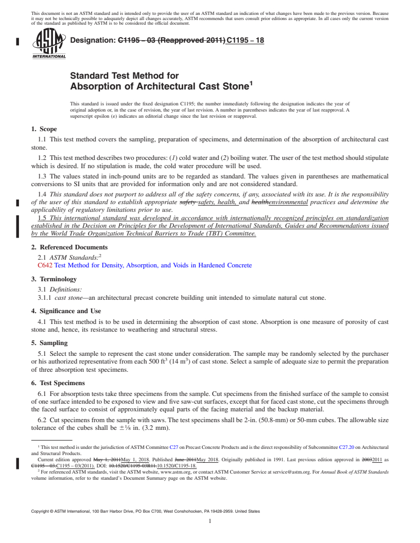 REDLINE ASTM C1195-18 - Standard Test Method for  Absorption of Architectural Cast Stone