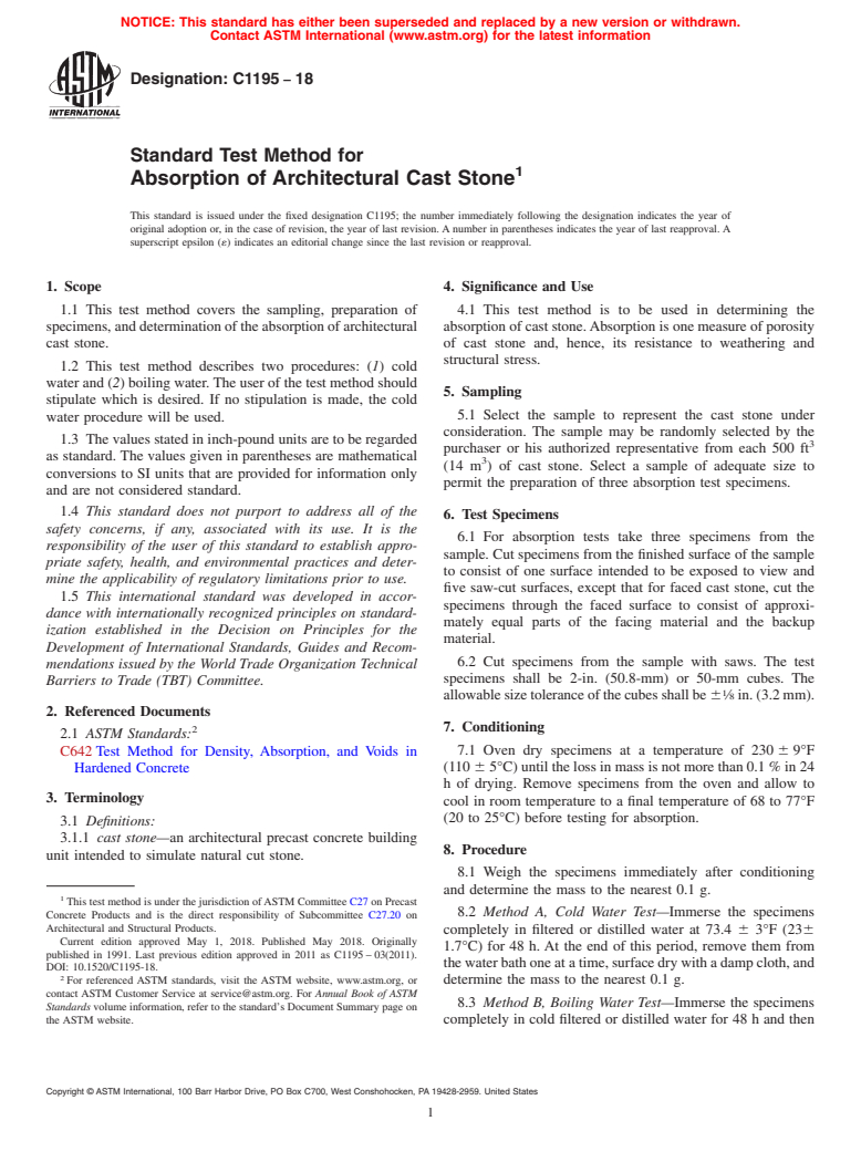 ASTM C1195-18 - Standard Test Method for  Absorption of Architectural Cast Stone