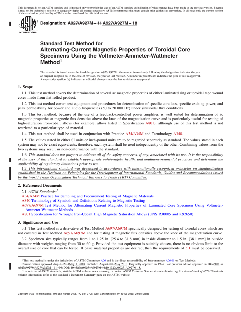 REDLINE ASTM A927/A927M-18 - Standard Test Method for  Alternating-Current Magnetic Properties of Toroidal Core Specimens   Using the Voltmeter-Ammeter-Wattmeter Method