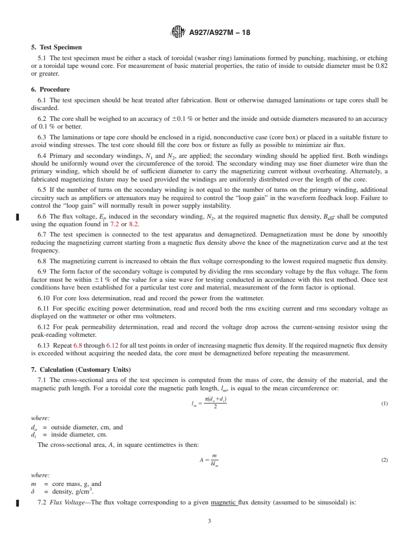 REDLINE ASTM A927/A927M-18 - Standard Test Method for  Alternating-Current Magnetic Properties of Toroidal Core Specimens   Using the Voltmeter-Ammeter-Wattmeter Method