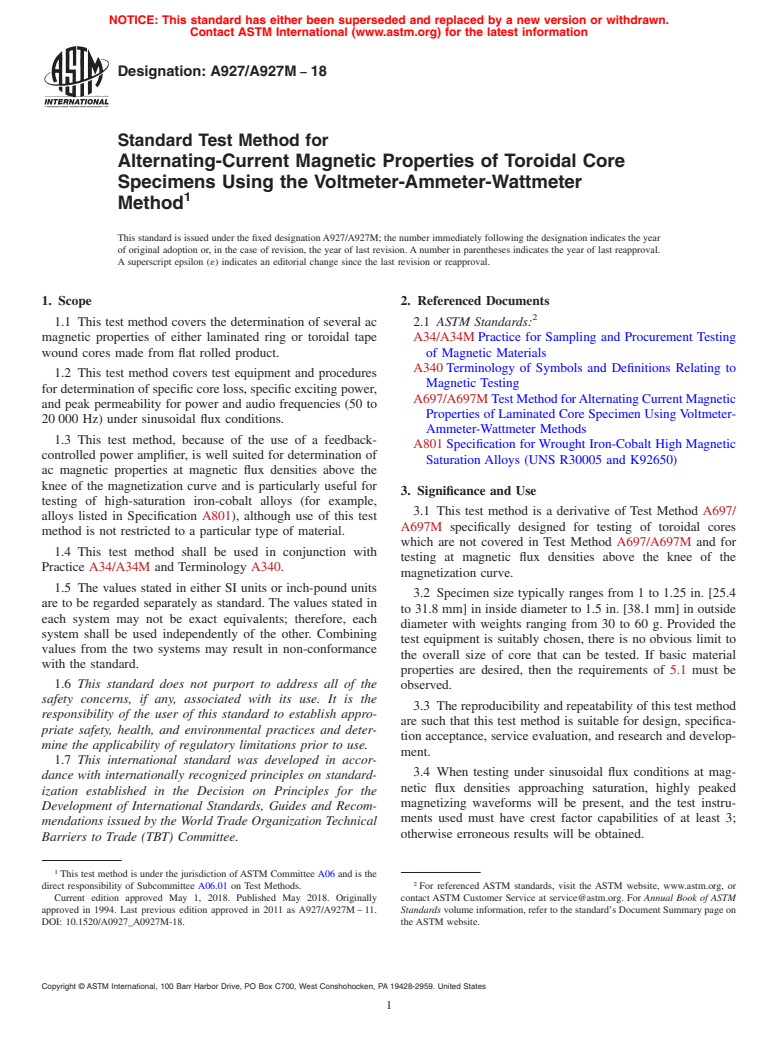 ASTM A927/A927M-18 - Standard Test Method for  Alternating-Current Magnetic Properties of Toroidal Core Specimens   Using the Voltmeter-Ammeter-Wattmeter Method