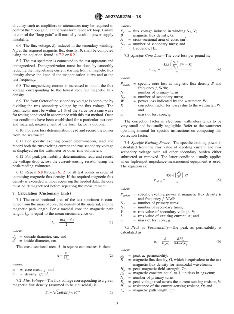 ASTM A927/A927M-18 - Standard Test Method for  Alternating-Current Magnetic Properties of Toroidal Core Specimens   Using the Voltmeter-Ammeter-Wattmeter Method