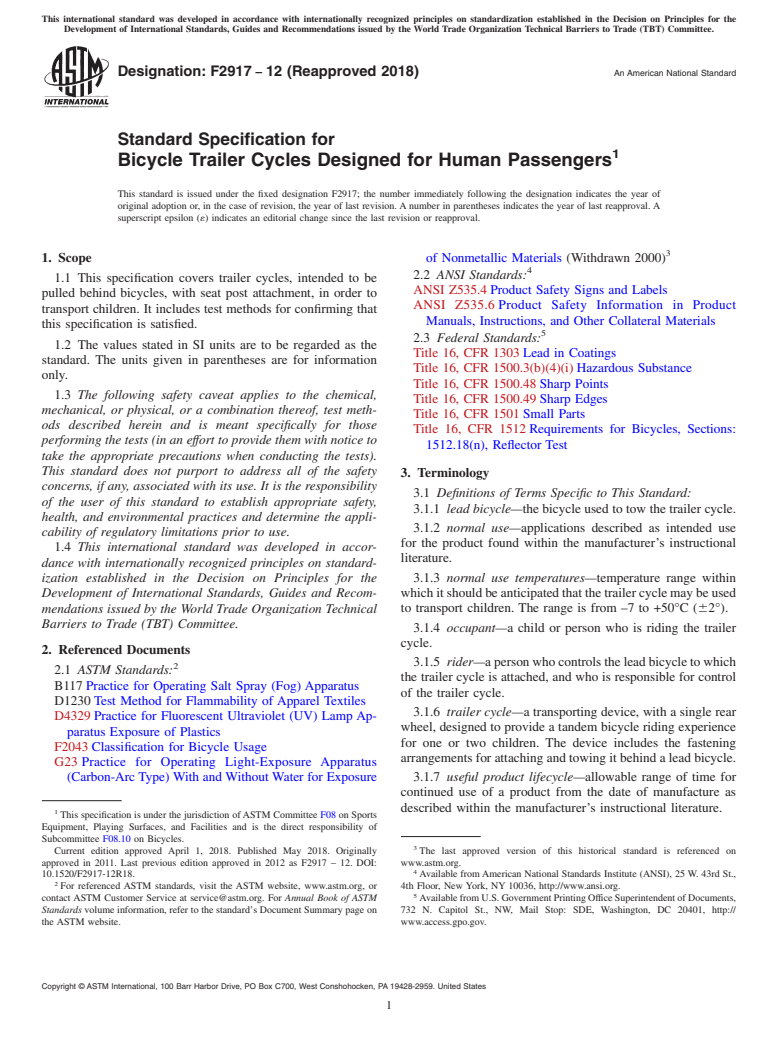 ASTM F2917-12(2018) - Standard Specification for  Bicycle Trailer Cycles Designed for Human Passengers