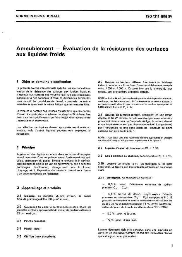 ISO 4211:1979 - Ameublement -- Évaluation de la résistance des surfaces aux liquides froids