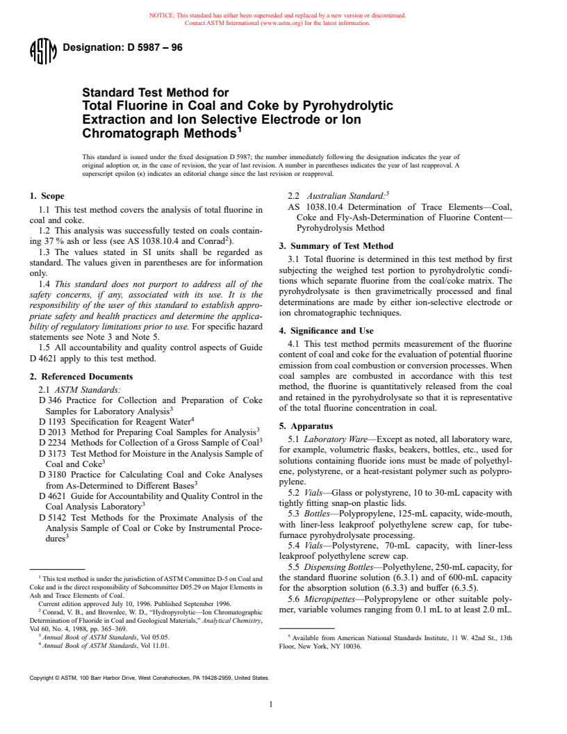 ASTM D5987-96 - Standard Test Method for Total Fluorine in Coal and Coke by Pyrohydrolytic Extraction and Ion Selective Electrode or Ion Chromatograph Methods