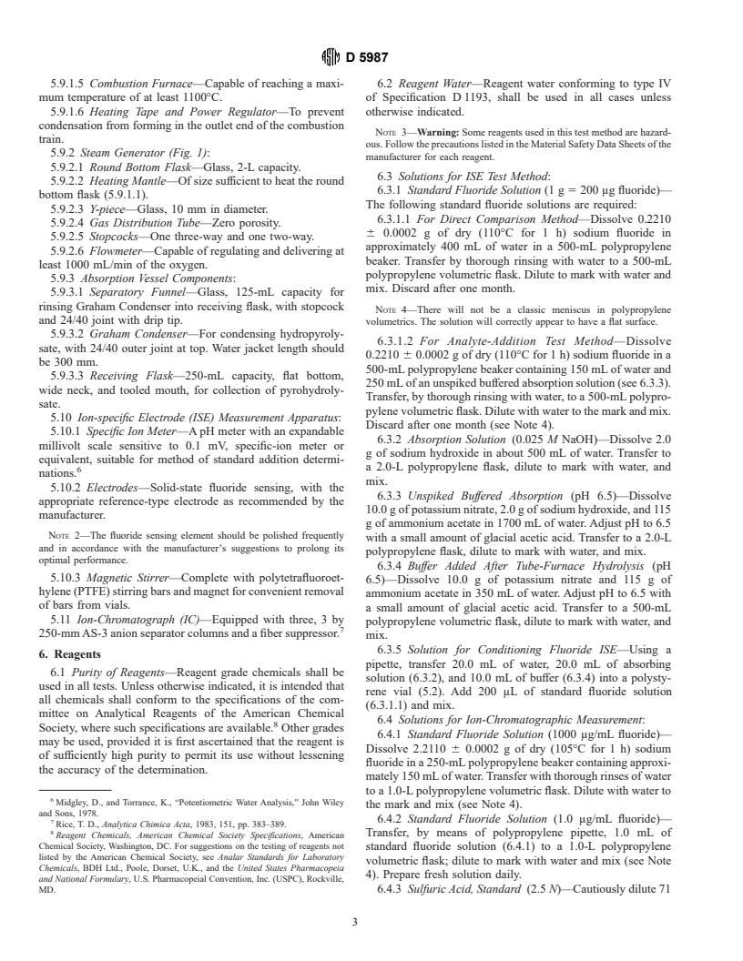 ASTM D5987-96 - Standard Test Method for Total Fluorine in Coal and Coke by Pyrohydrolytic Extraction and Ion Selective Electrode or Ion Chromatograph Methods