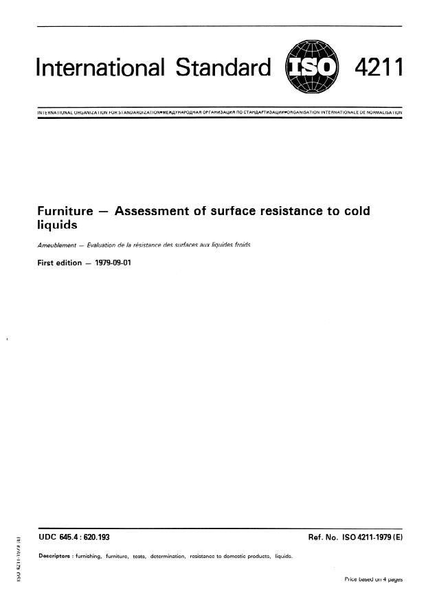 ISO 4211:1979 - Furniture -- Assessment of surface resistance to cold liquids