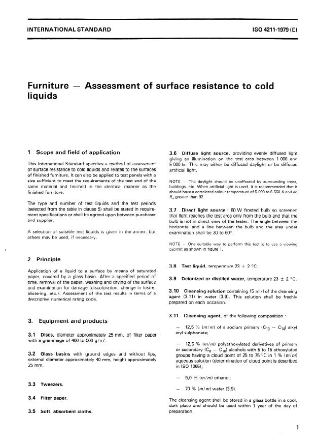 ISO 4211:1979 - Furniture -- Assessment of surface resistance to cold liquids