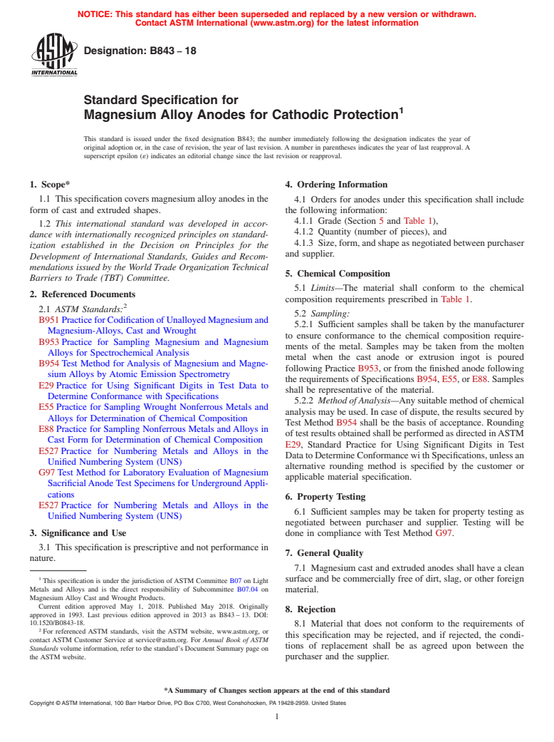 ASTM B843-18 - Standard Specification for  Magnesium Alloy Anodes for Cathodic Protection