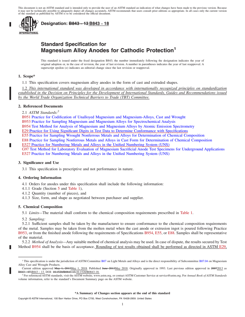 REDLINE ASTM B843-18 - Standard Specification for  Magnesium Alloy Anodes for Cathodic Protection