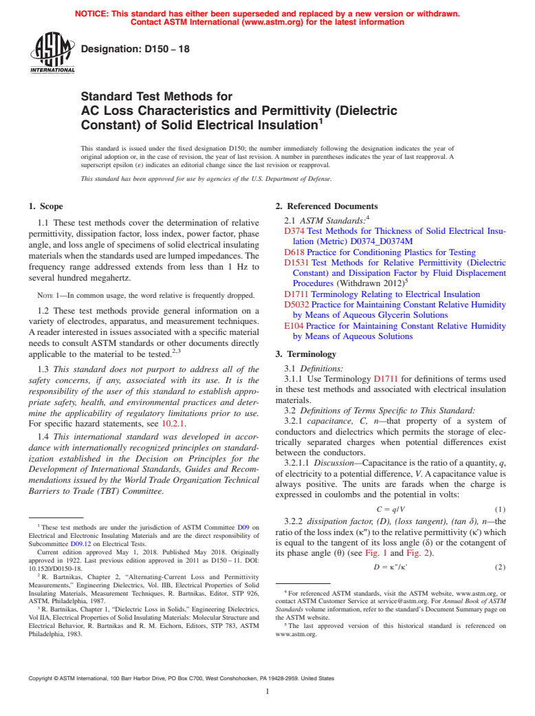 ASTM D150-18 - Standard Test Methods for  AC Loss Characteristics and Permittivity (Dielectric Constant)   of Solid Electrical Insulation