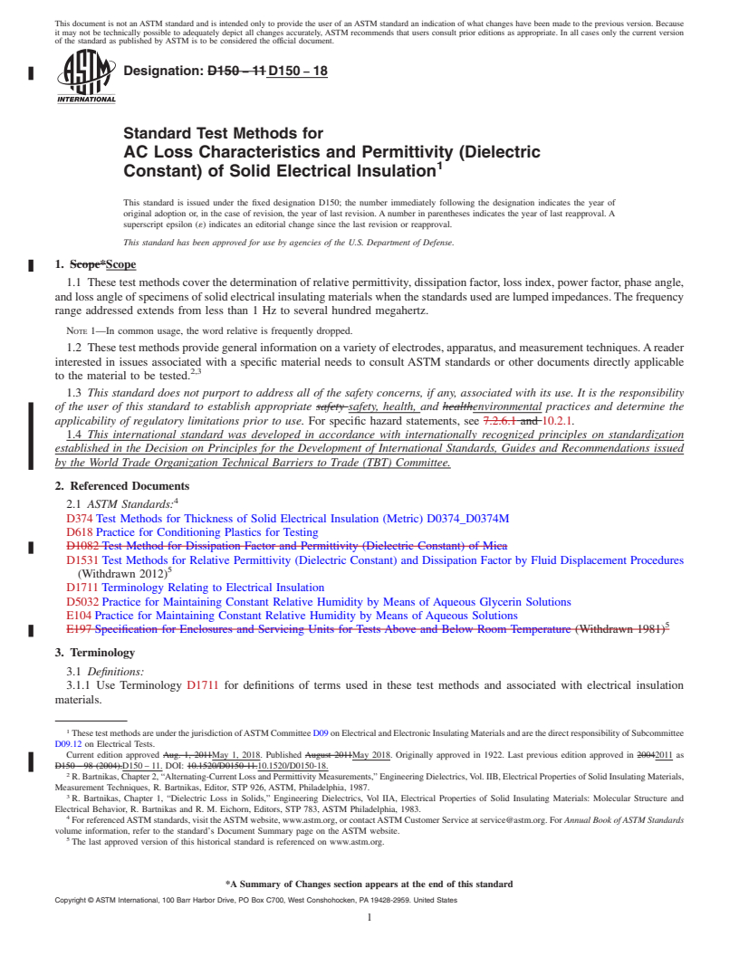 REDLINE ASTM D150-18 - Standard Test Methods for  AC Loss Characteristics and Permittivity (Dielectric Constant)   of Solid Electrical Insulation