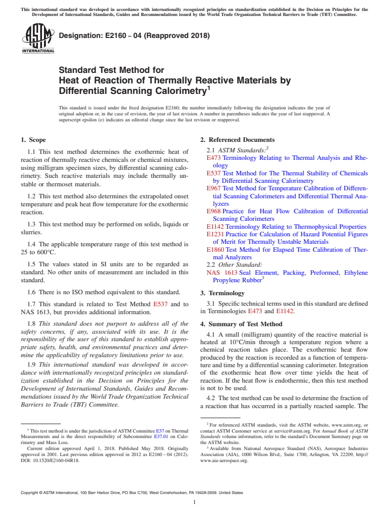 ASTM E2160-04(2018) - Standard Test Method for Heat of Reaction of Thermally Reactive Materials by Differential  Scanning Calorimetry