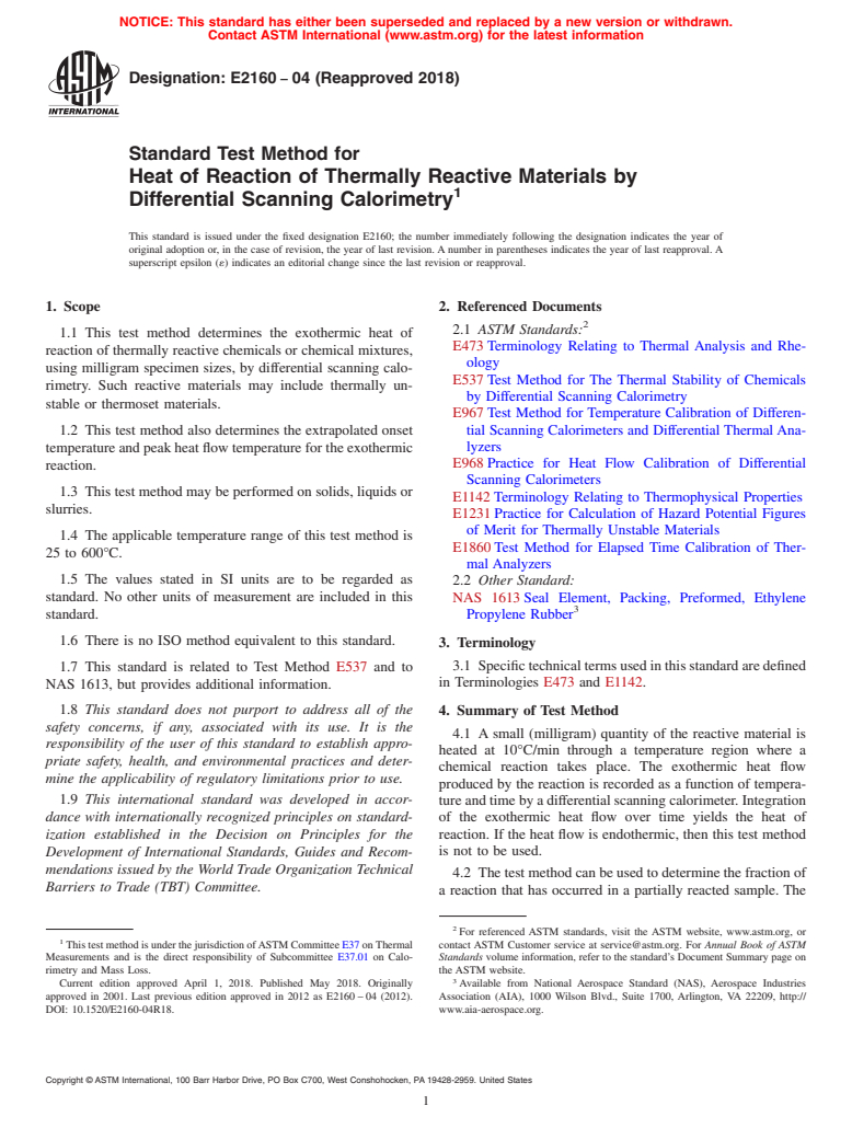 ASTM E2160-04(2018) - Standard Test Method for Heat of Reaction of Thermally Reactive Materials by Differential  Scanning Calorimetry