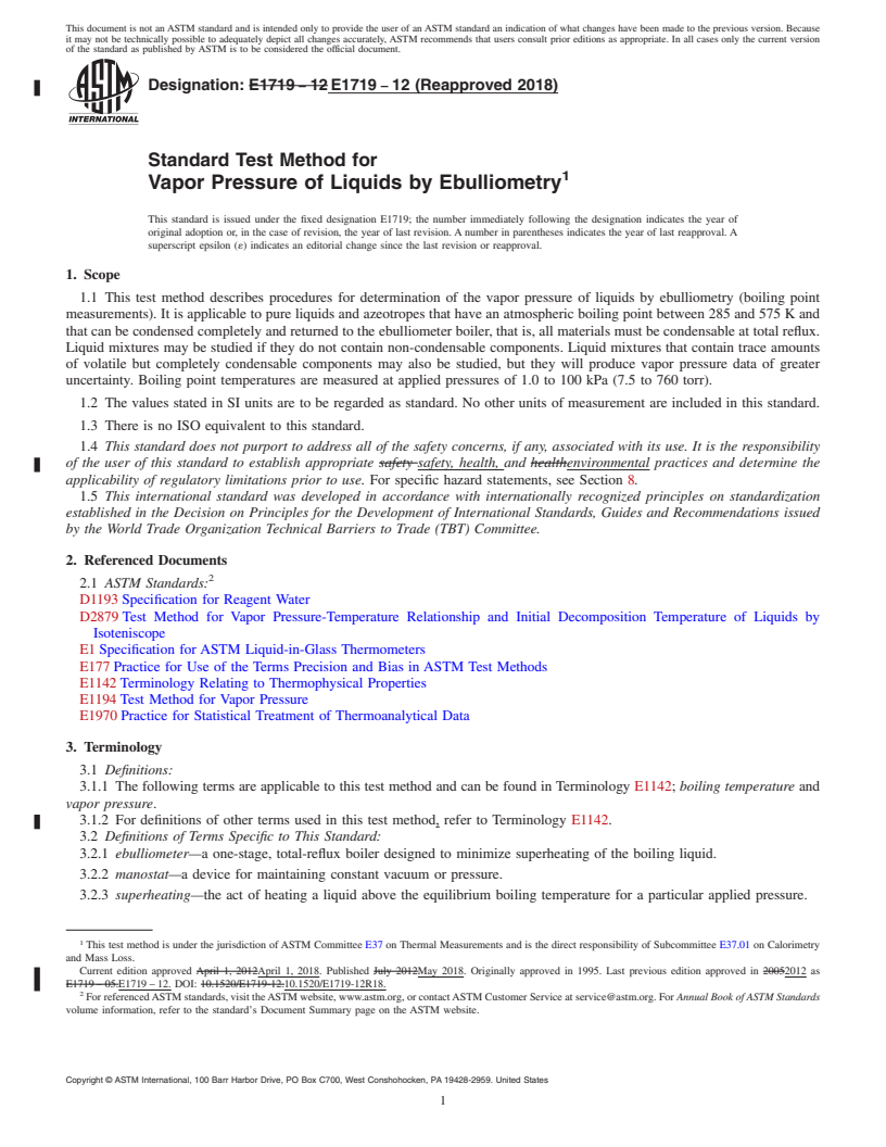 REDLINE ASTM E1719-12(2018) - Standard Test Method for  Vapor Pressure of Liquids by Ebulliometry (Withdrawn 2023)