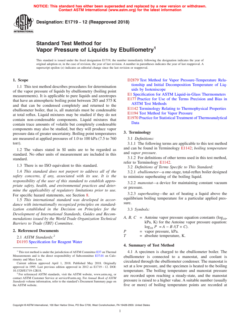 ASTM E1719-12(2018) - Standard Test Method for  Vapor Pressure of Liquids by Ebulliometry (Withdrawn 2023)