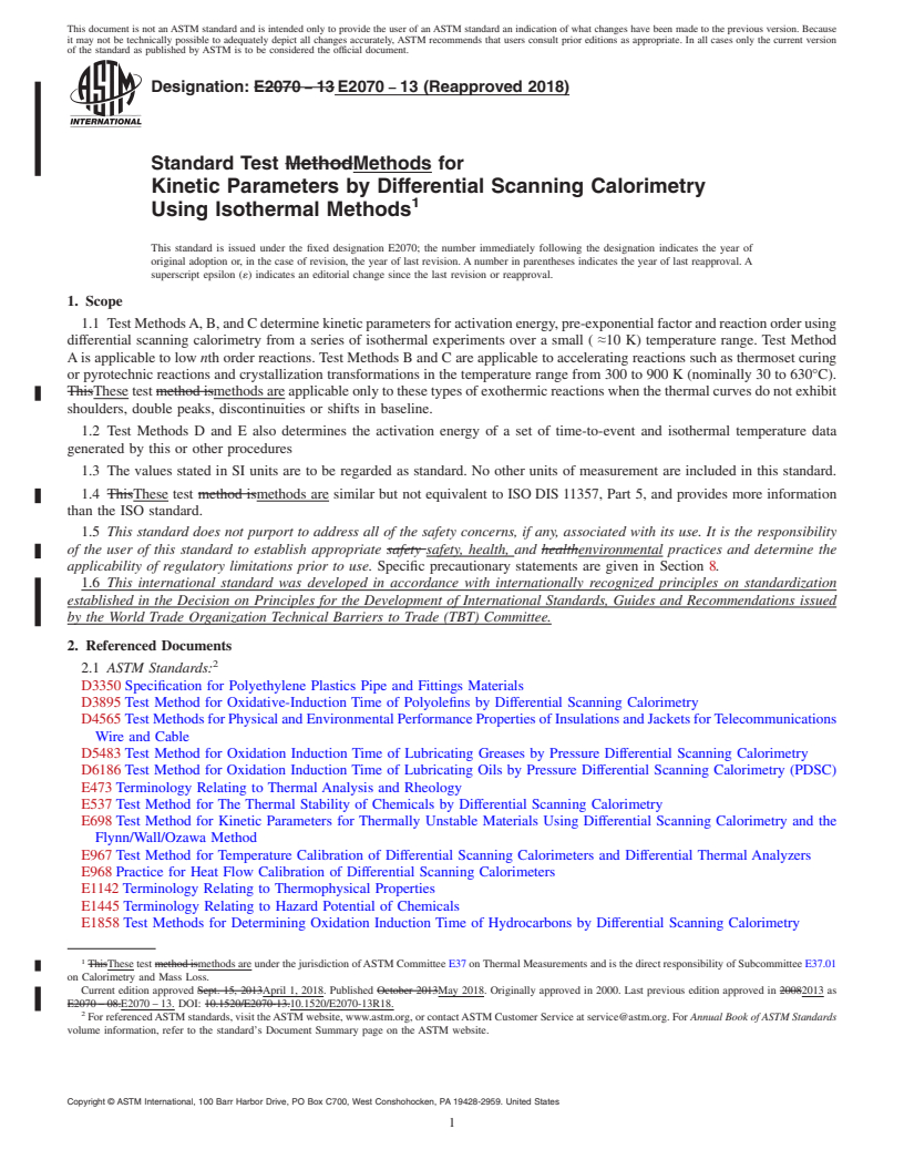 REDLINE ASTM E2070-13(2018) - Standard Test Methods for  Kinetic Parameters by Differential Scanning Calorimetry Using  Isothermal Methods