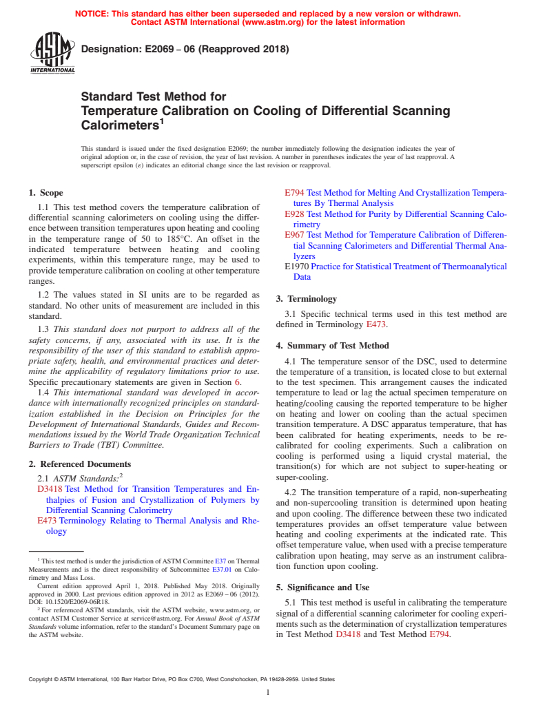 ASTM E2069-06(2018) - Standard Test Method for  Temperature Calibration on Cooling of Differential Scanning  Calorimeters