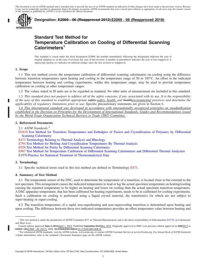 REDLINE ASTM E2069-06(2018) - Standard Test Method for  Temperature Calibration on Cooling of Differential Scanning  Calorimeters