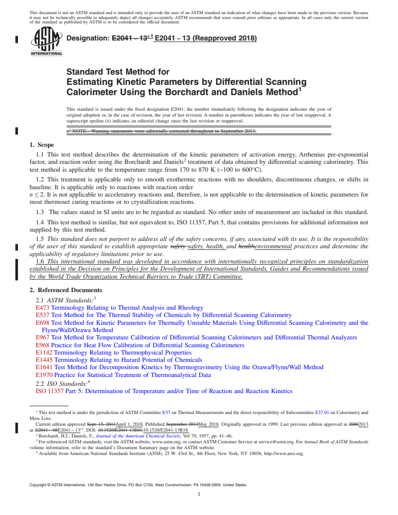 REDLINE ASTM E2041-13(2018) - Standard Test Method for  Estimating Kinetic Parameters by Differential Scanning Calorimeter  Using the Borchardt and Daniels Method