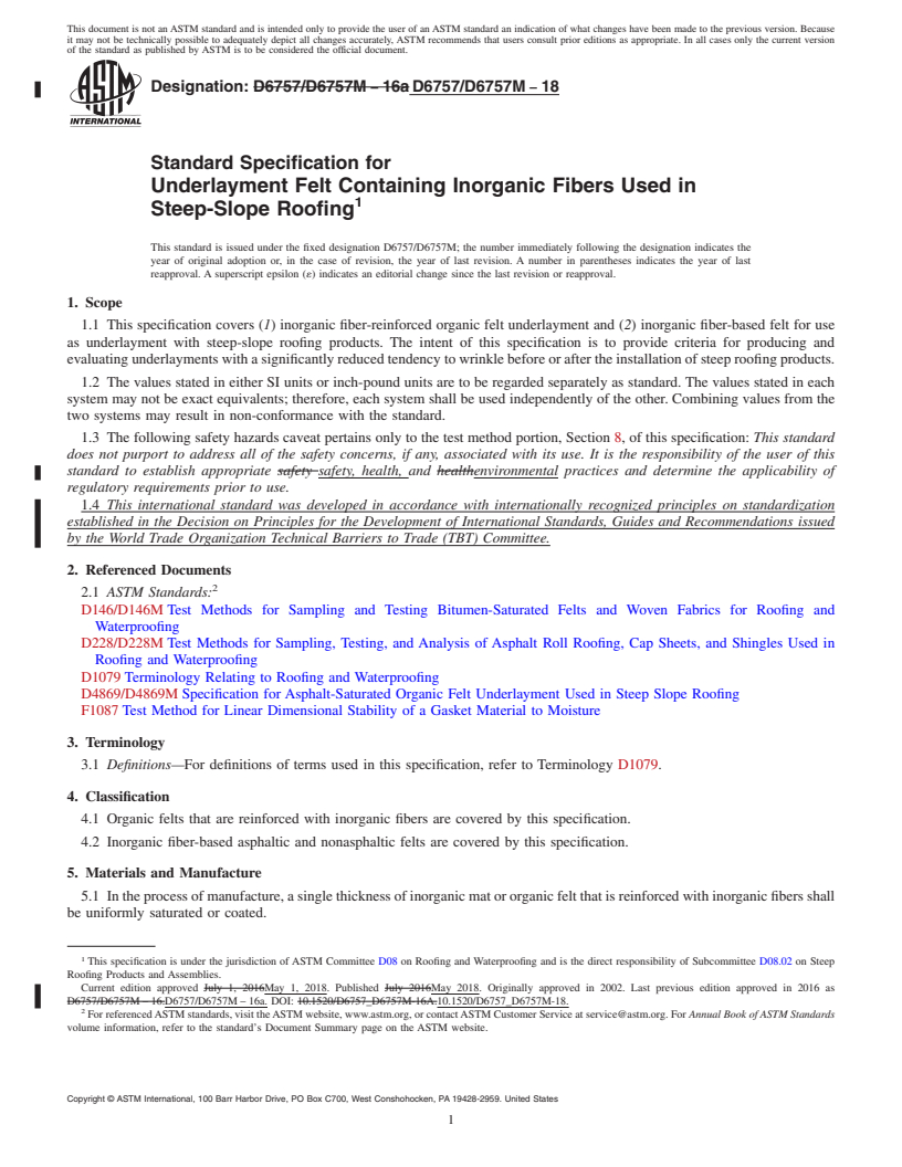 REDLINE ASTM D6757/D6757M-18 - Standard Specification for  Underlayment Felt Containing Inorganic Fibers Used in Steep-Slope  Roofing