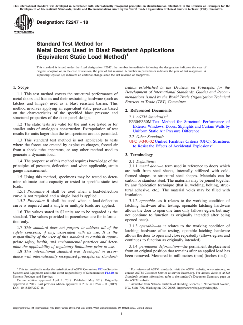 ASTM F2247-18 - Standard Test Method for  Metal Doors Used in Blast Resistant Applications (Equivalent  Static Load Method)