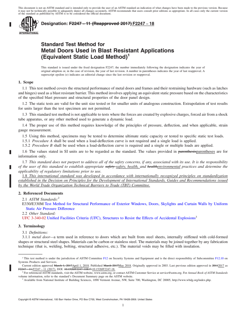 REDLINE ASTM F2247-18 - Standard Test Method for  Metal Doors Used in Blast Resistant Applications (Equivalent  Static Load Method)