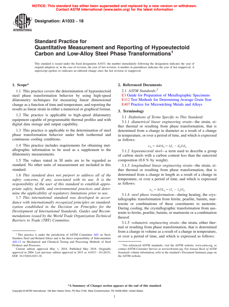 ASTM A1033-18 - Standard Practice for  Quantitative Measurement and Reporting of Hypoeutectoid Carbon  and Low-Alloy Steel Phase Transformations