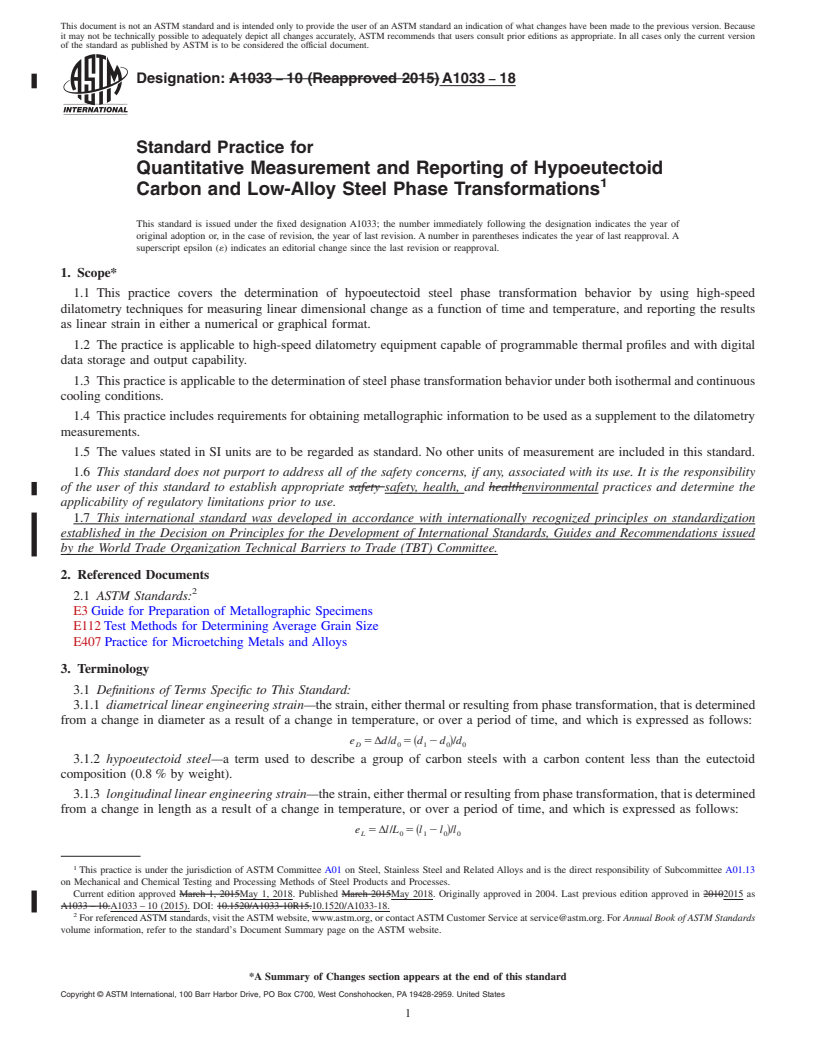 REDLINE ASTM A1033-18 - Standard Practice for  Quantitative Measurement and Reporting of Hypoeutectoid Carbon  and Low-Alloy Steel Phase Transformations