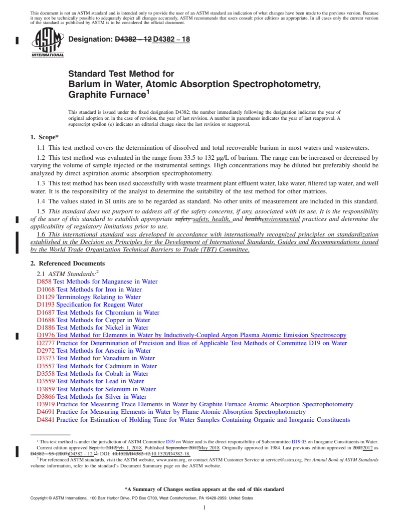 REDLINE ASTM D4382-18 - Standard Test Method for  Barium in Water, Atomic Absorption Spectrophotometry, Graphite   Furnace