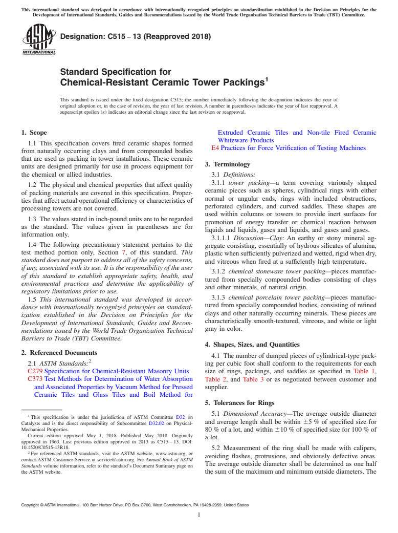 ASTM C515-13(2018) - Standard Specification for  Chemical-Resistant Ceramic Tower Packings