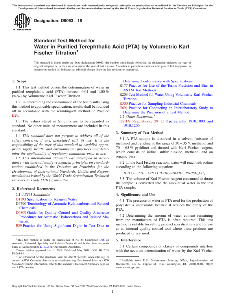 ASTM D8063-18 - Standard Test Method for Water in Purified Terephthalic Acid (PTA) by Volumetric Karl  Fischer Titration