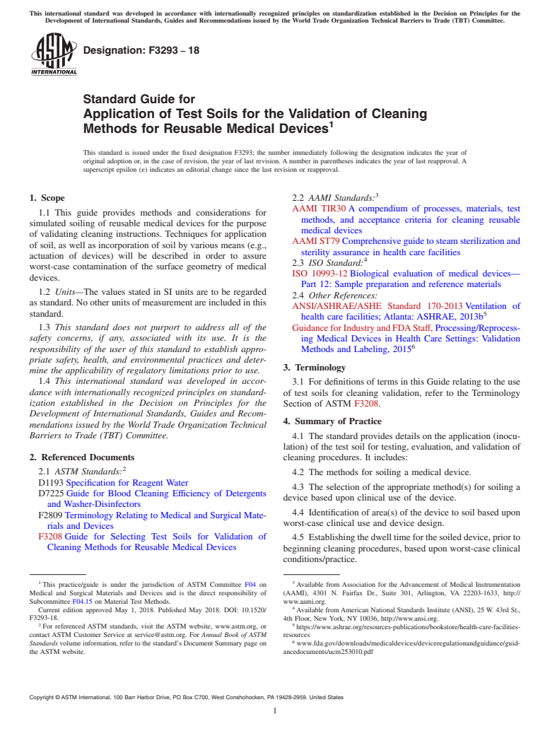 ASTM F3293-18 - Standard Guide for Application of Test Soils for the Validation of Cleaning Methods  for Reusable Medical Devices