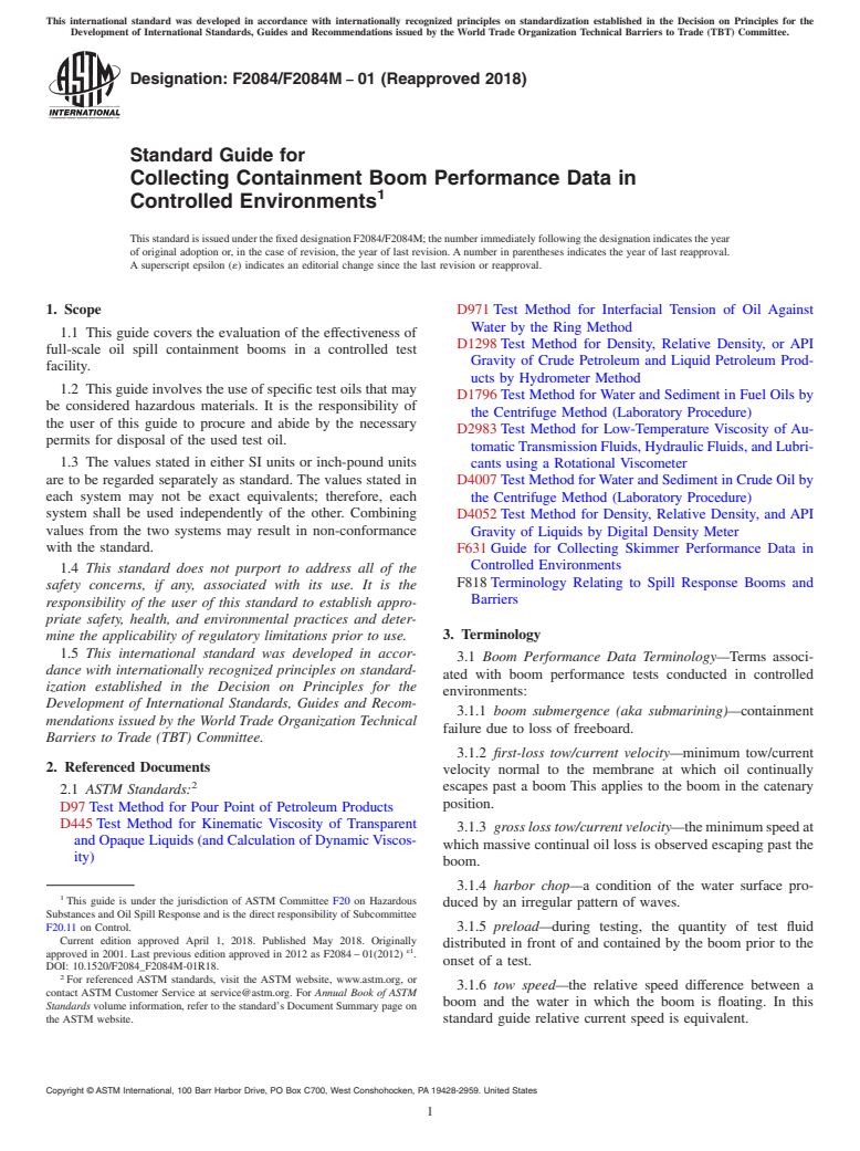 ASTM F2084/F2084M-01(2018) - Standard Guide for  Collecting Containment Boom Performance Data in Controlled  Environments