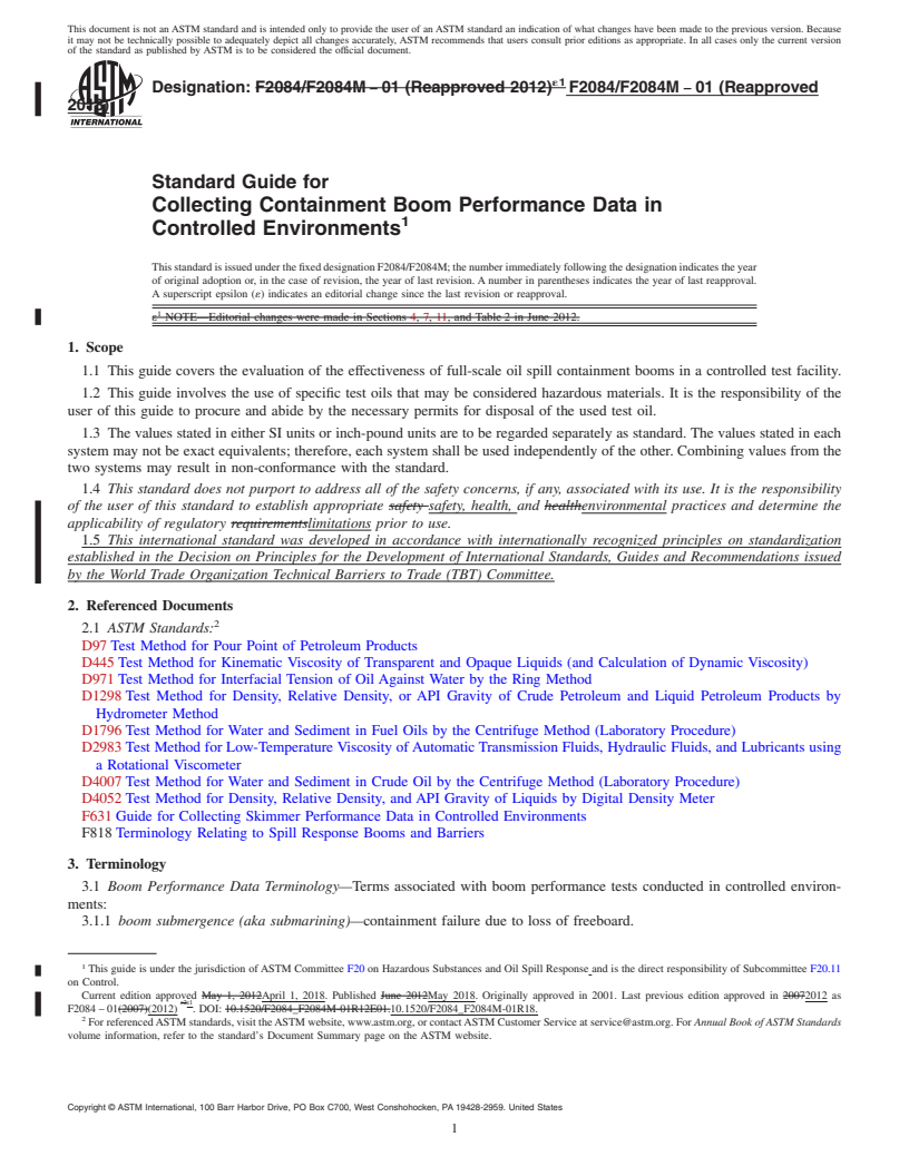 REDLINE ASTM F2084/F2084M-01(2018) - Standard Guide for  Collecting Containment Boom Performance Data in Controlled  Environments