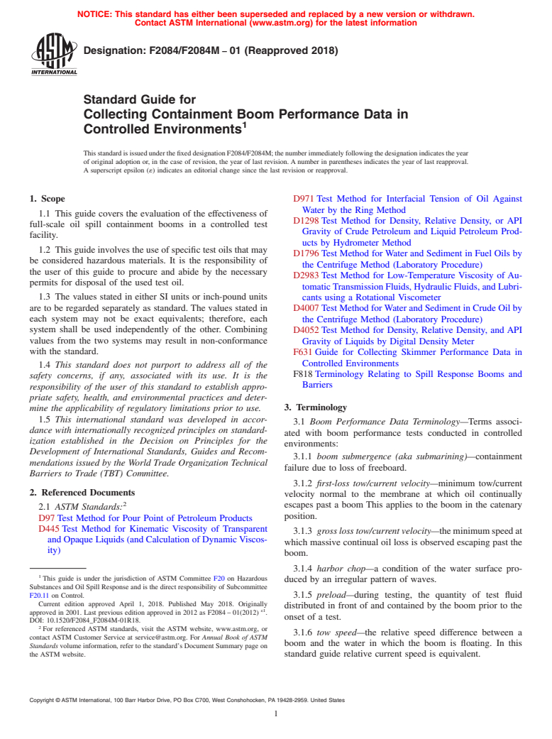 ASTM F2084/F2084M-01(2018) - Standard Guide for  Collecting Containment Boom Performance Data in Controlled  Environments