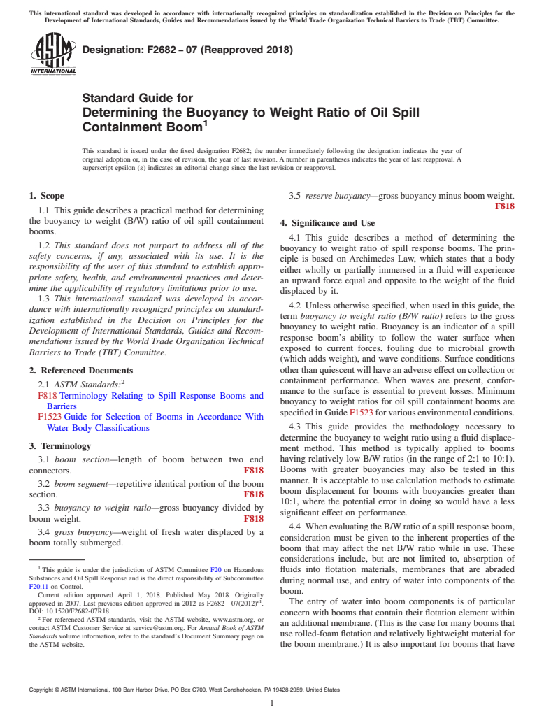 ASTM F2682-07(2018) - Standard Guide for  Determining the Buoyancy to Weight Ratio of Oil Spill Containment  Boom