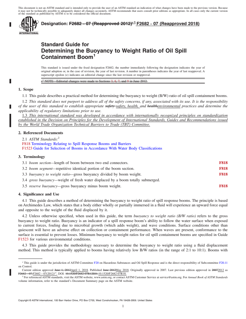 REDLINE ASTM F2682-07(2018) - Standard Guide for  Determining the Buoyancy to Weight Ratio of Oil Spill Containment  Boom