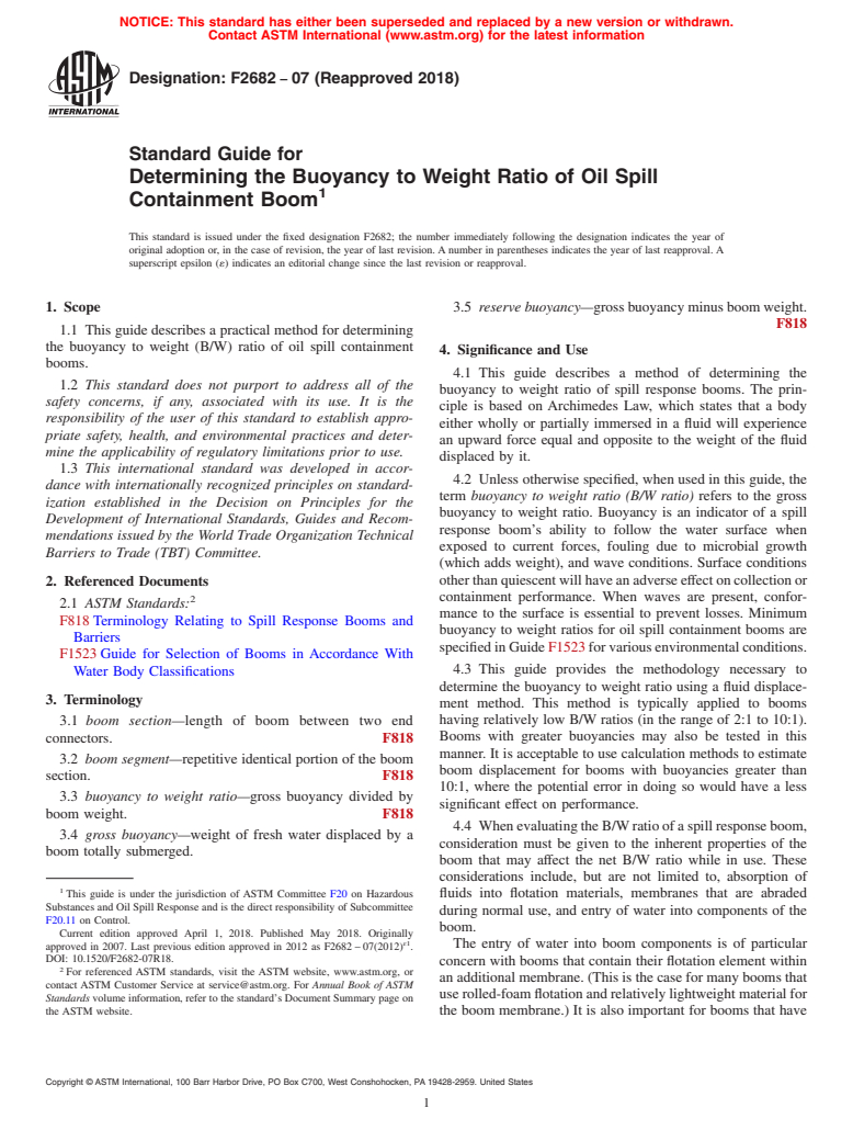 ASTM F2682-07(2018) - Standard Guide for  Determining the Buoyancy to Weight Ratio of Oil Spill Containment  Boom