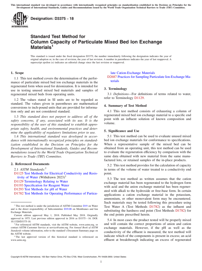 ASTM D3375-18 - Standard Test Method for  Column Capacity of Particulate Mixed Bed Ion<brk/>Exchange  Materials
