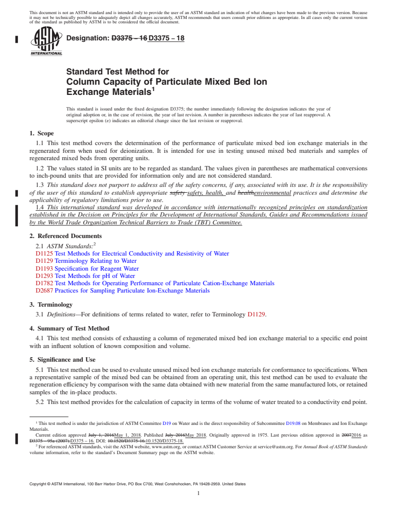 REDLINE ASTM D3375-18 - Standard Test Method for  Column Capacity of Particulate Mixed Bed Ion<brk/>Exchange  Materials