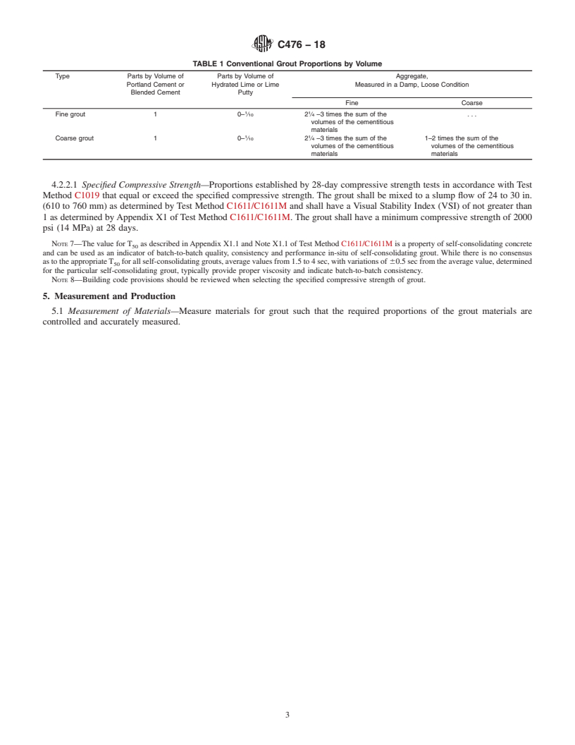 REDLINE ASTM C476-18 - Standard Specification for  Grout for Masonry