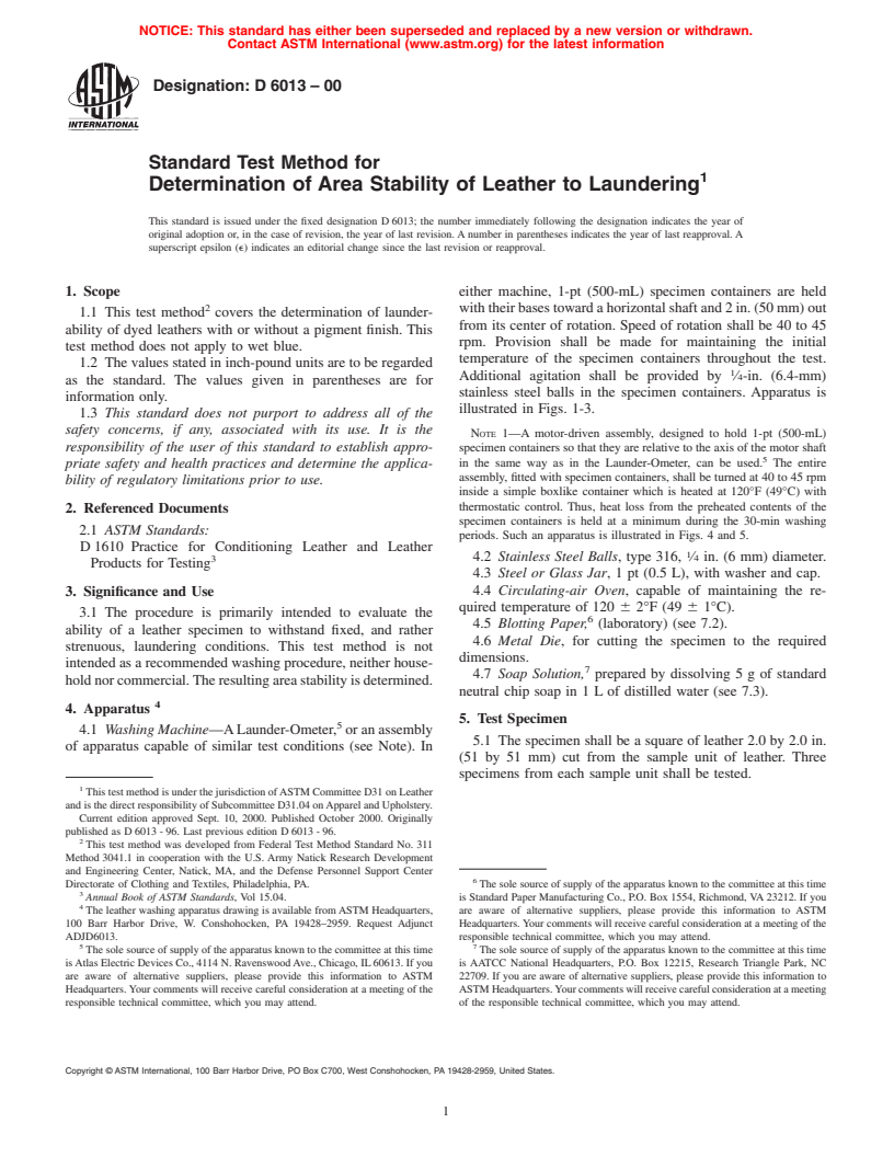 ASTM D6013-00 - Standard Test Method for Determination of Area Stability of Leather to Laundering