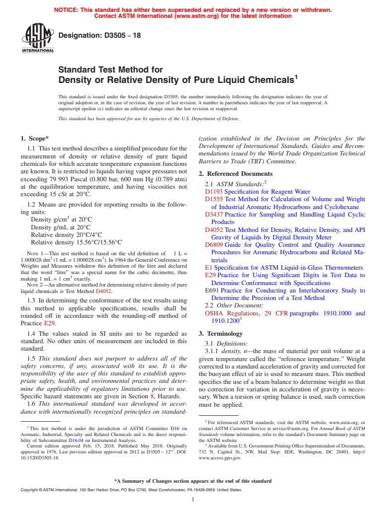 ASTM D3505-18 - Standard Test Method for Density or Relative Density of Pure Liquid Chemicals (Withdrawn 2023)