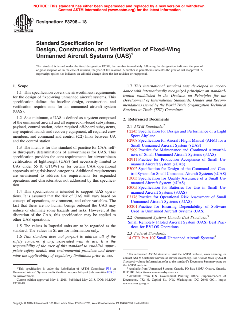 ASTM F3298-18 - Standard Specification for Design, Construction, and Verification of Fixed-Wing Unmanned  Aircraft Systems (UAS)