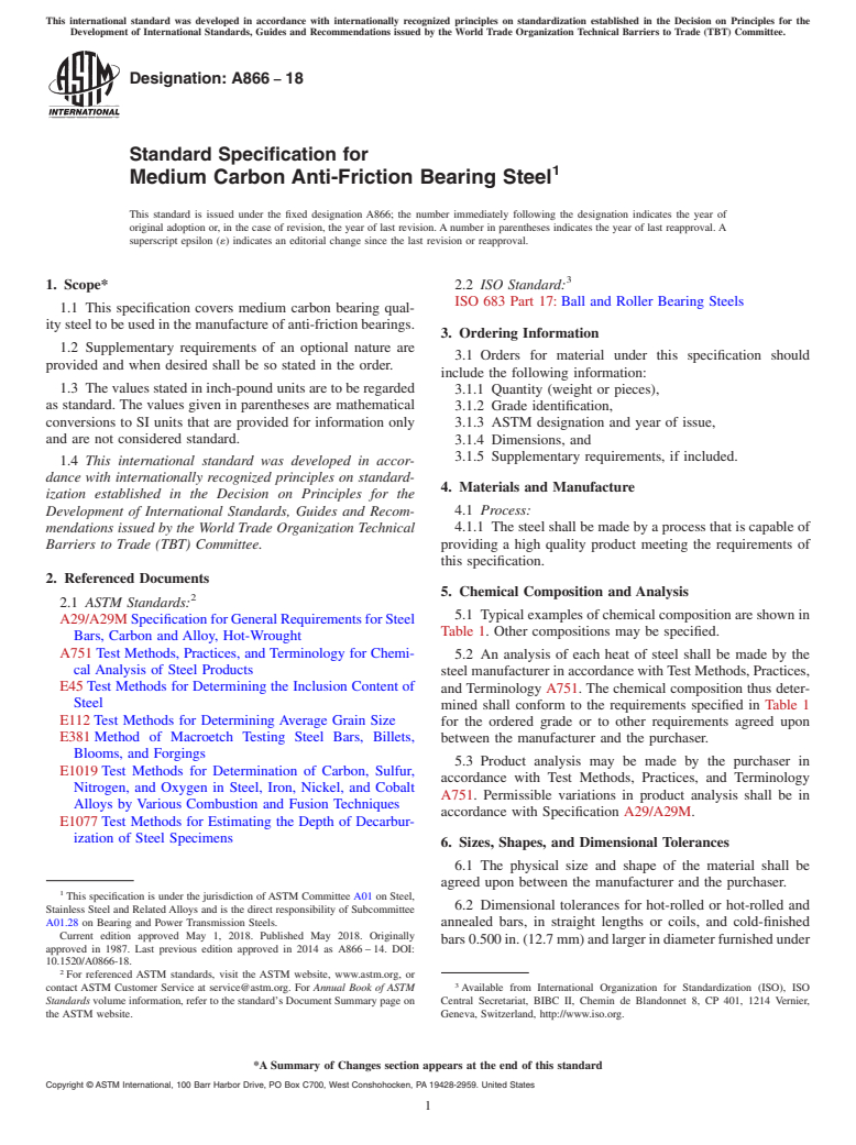 ASTM A866-18 - Standard Specification for Medium Carbon Anti-Friction Bearing Steel