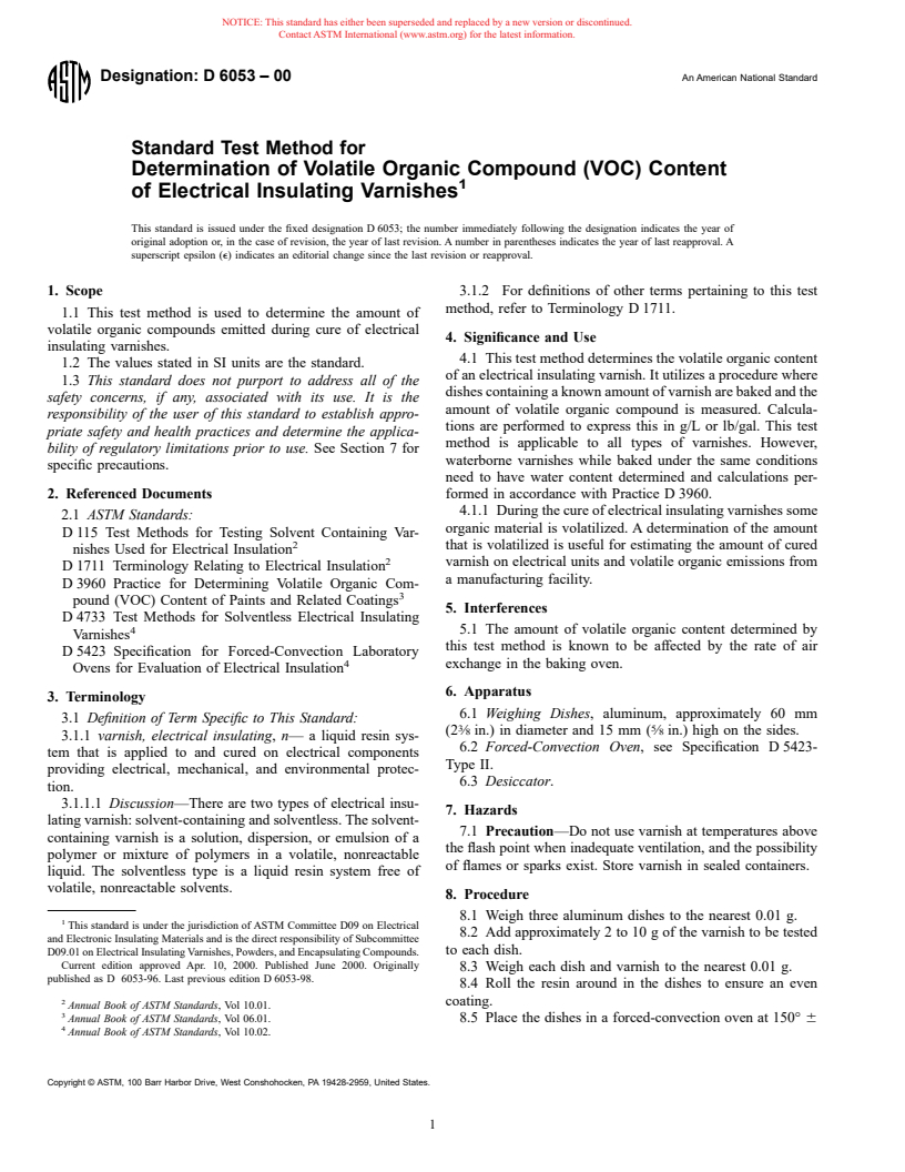 ASTM D6053-00 - Standard Test Method for Determination of Volatile Organic Compound (VOC) Content of Electrical Insulating Varnishes